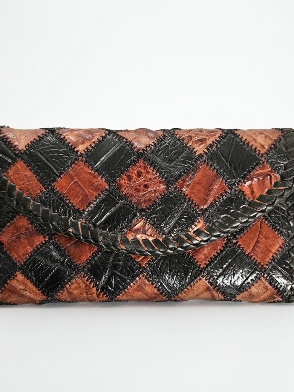 Vintage Western Patchwork Croc Embossed Leather Whipstitch Trifold Clutch Wallet